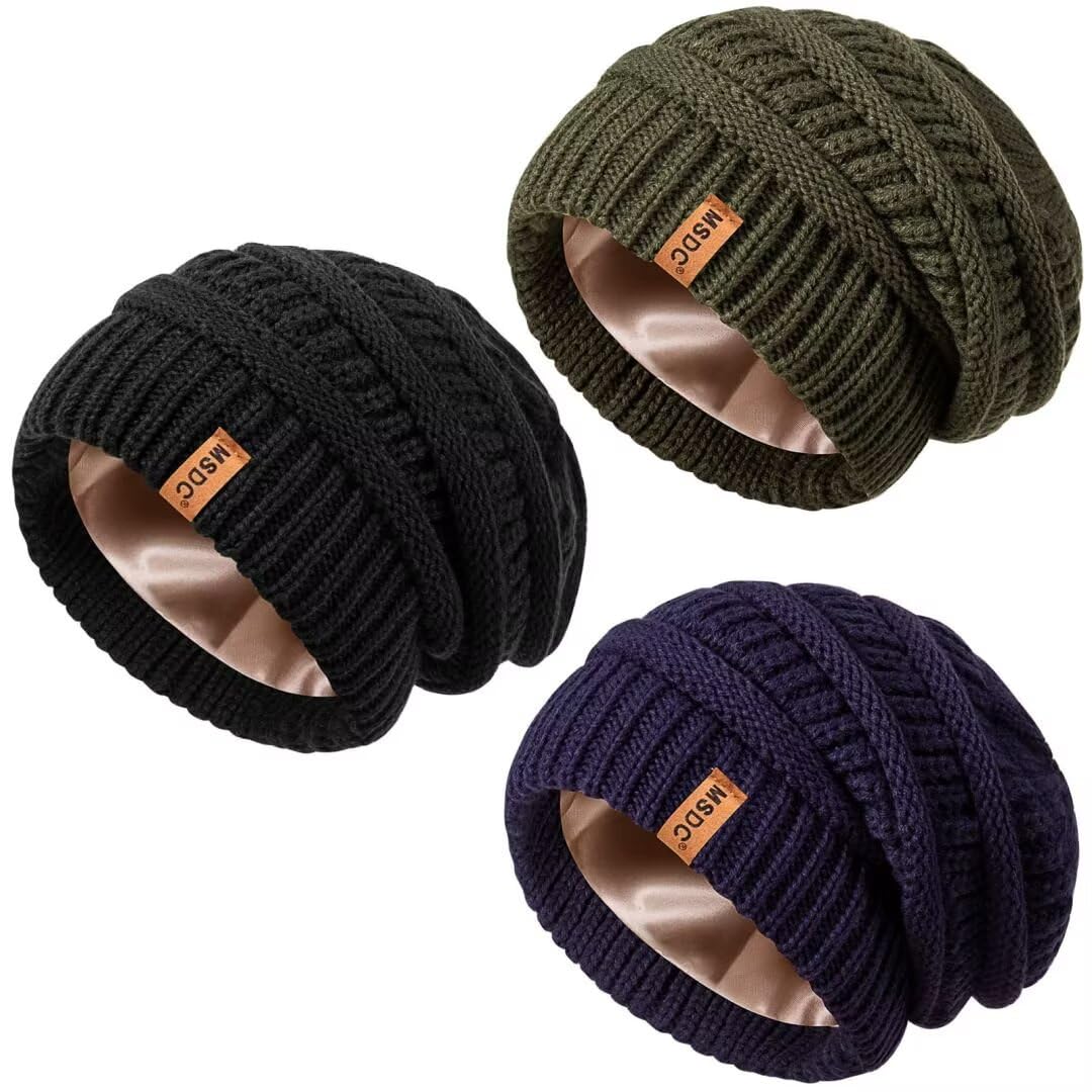 3 Pack Satin Lined Beanie for Women, Warm Slouchy Winter Hats with Silk Lined, Fashionable Oversized Cable Knit Hat Skull Cap