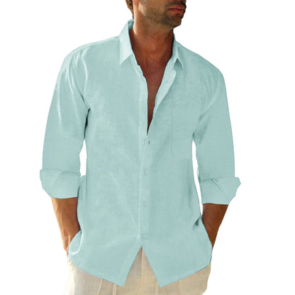Button Down Linen Shirts for Men Casual Long Sleeve Regular Fit Cotton Beach Shirts with Pocket