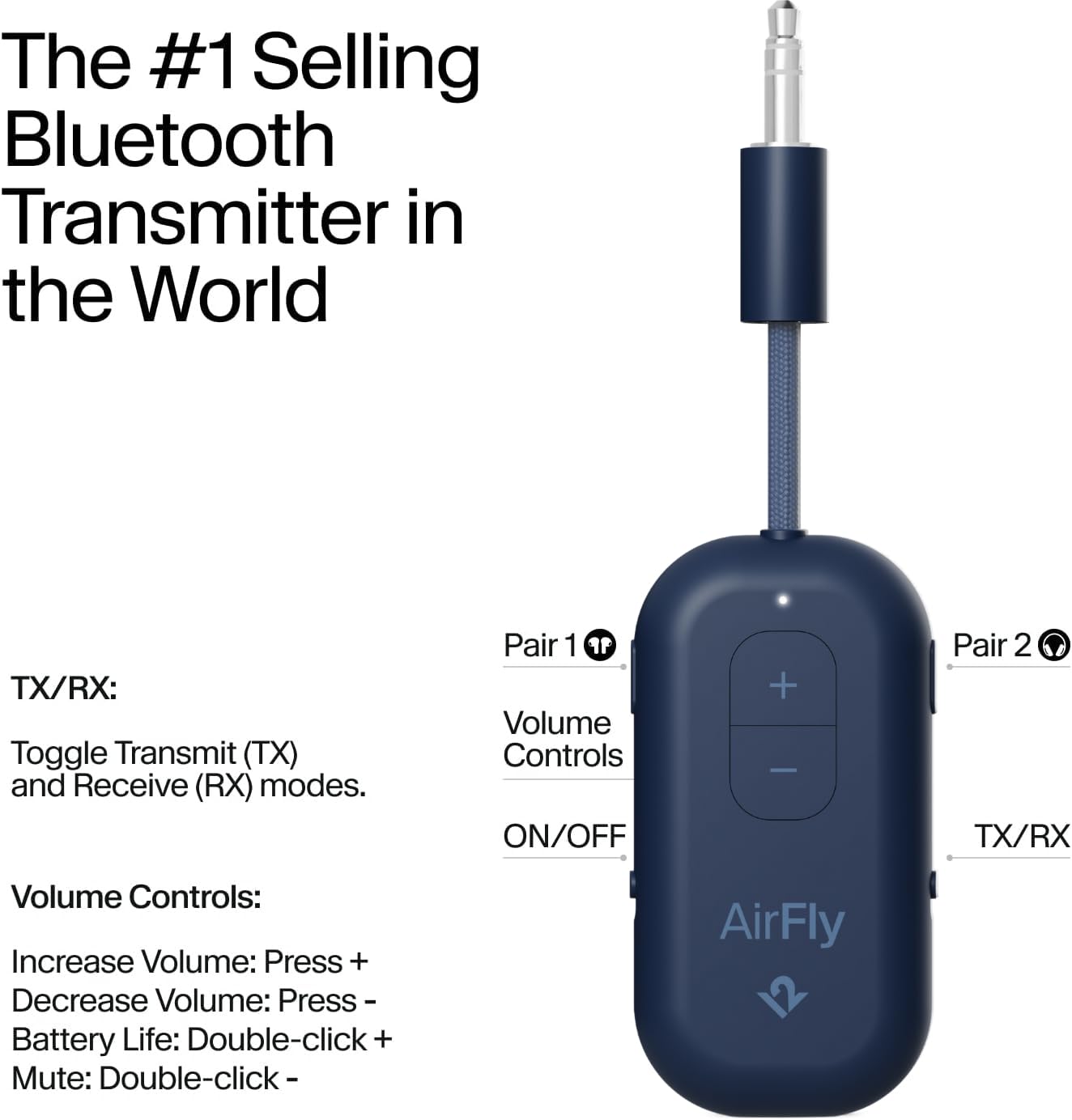 AirFly Pro 2 Deluxe – Bluetooth Adapter for Airplane, Pair 2 AirPods or Wireless Headphones – 3.5mm AUX Bluetooth Transmitter/Receiver for Cars, Boats, Treadmills, TVs – Airplane Travel Essentials
