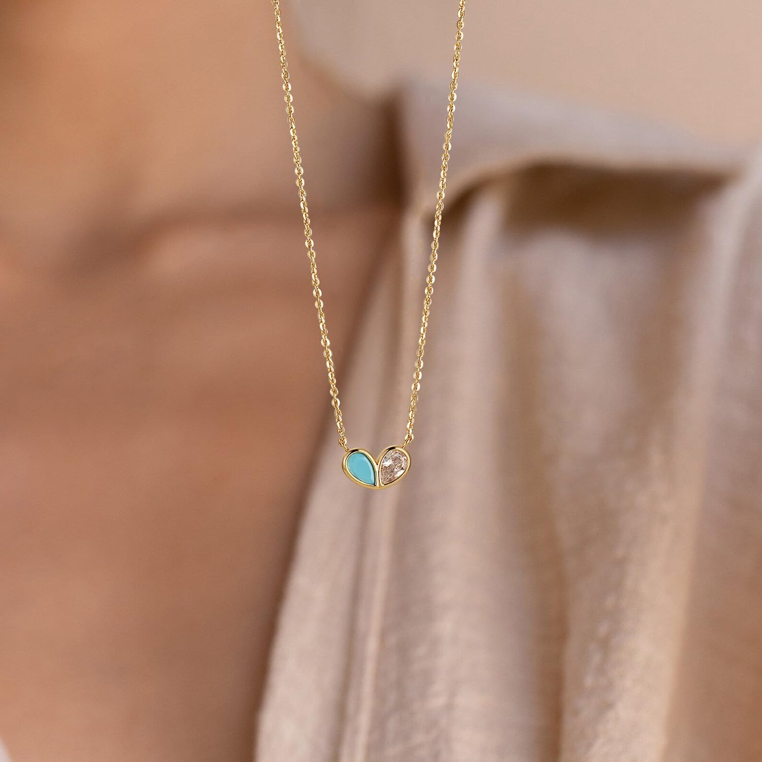 MYEARS Women Gold Necklace Heart Pendant Double Waterdrop Cubic Zirconia 14K Simple Dainty Chain Everyday Trendy Jewelry