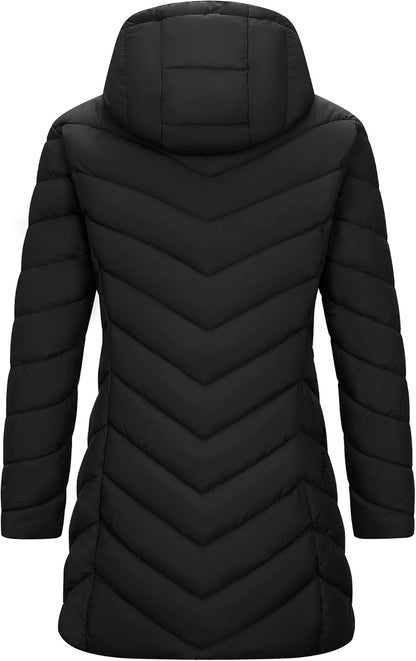 Outdoor Ventures Women's Long Hooded Lightweight Puffer Coat Quilted Insulated Winter Jacket