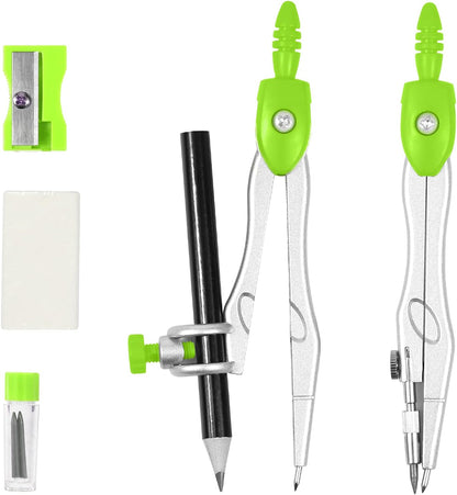 Math Geometry Kit Sets 10 Piece Student Supplies with Shatterproof Storage Box,Includes Rulers,Protractor,Compass,Eraser,Pencil Sharpener,Lead Refills,Pencil,for Drafting and Drawings（Green）