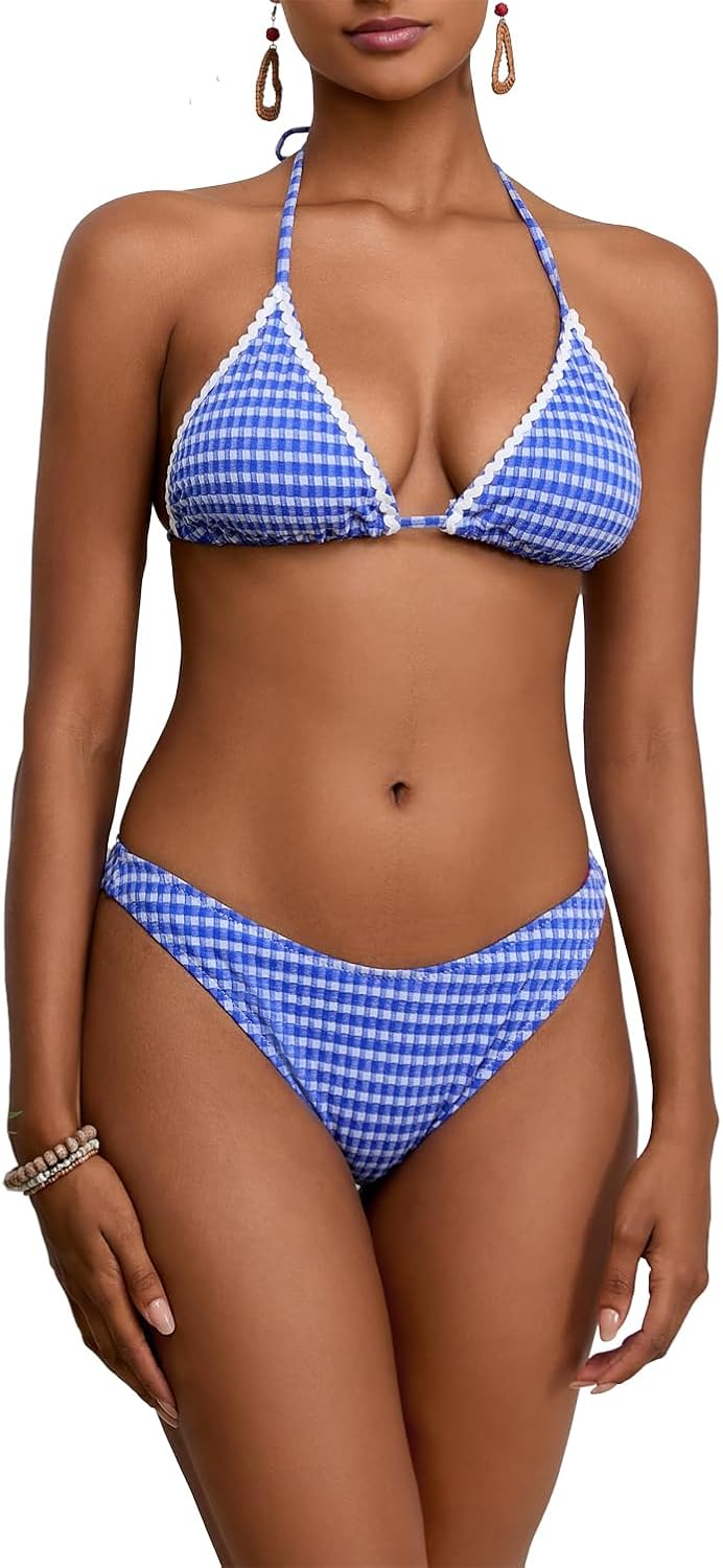Women Sexy String 2 Piece Bikini Set Cheeky Halter Plaid Swimsuits