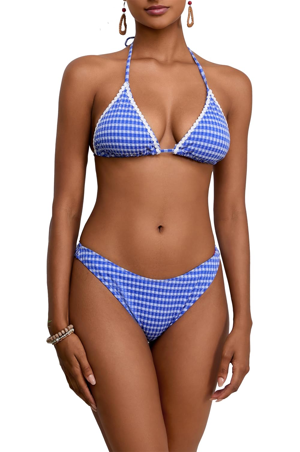 Women Sexy String 2 Piece Bikini Set Cheeky Halter Plaid Swimsuits