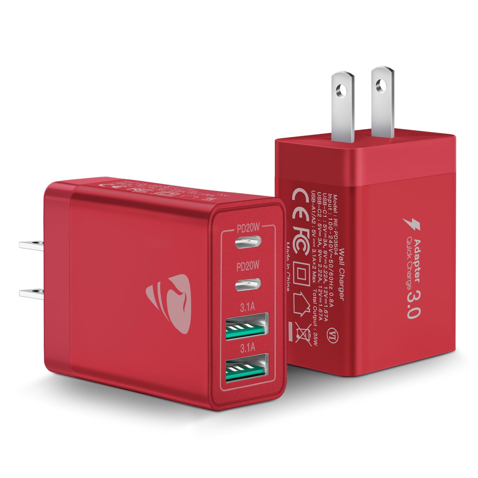[2-Pack] USB C Wall Charger, 40W Fast USB C Charger Block, 4-Port PD Power Adapter + QC Wall Plug Multiport Type C Charging Block Cube Compatible with iPhone 16 15 14 13 12 11 Pro Max XR XS 8, Samsung