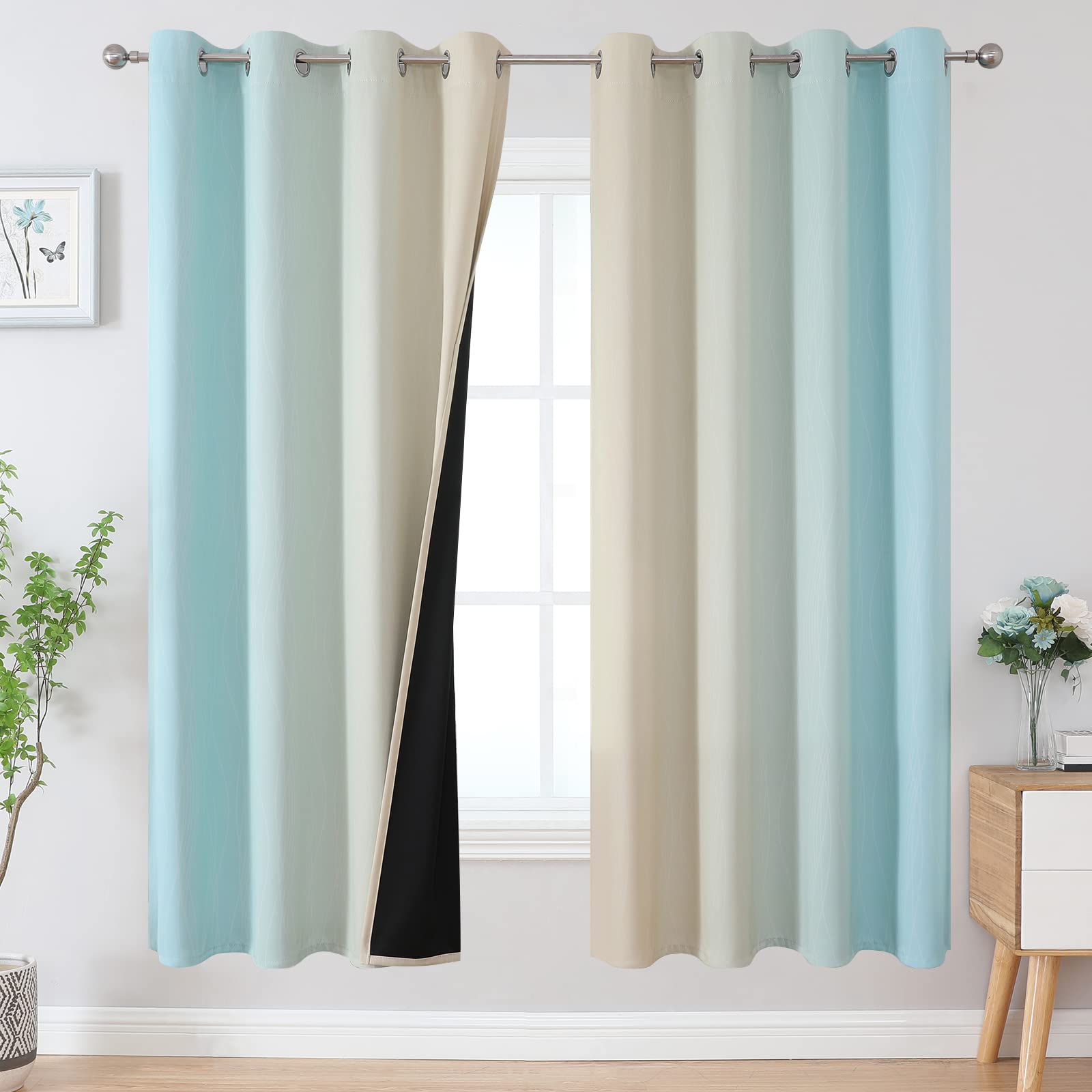 Estelar Textiler Beige and Greyish White Blackout Curtains for Living Room, Full Room Darkening Gradient Drapes for Bedroom, Thermal Insulated Ombre Grommet Curtains for Dining Room,52Wx84L,2 Panels