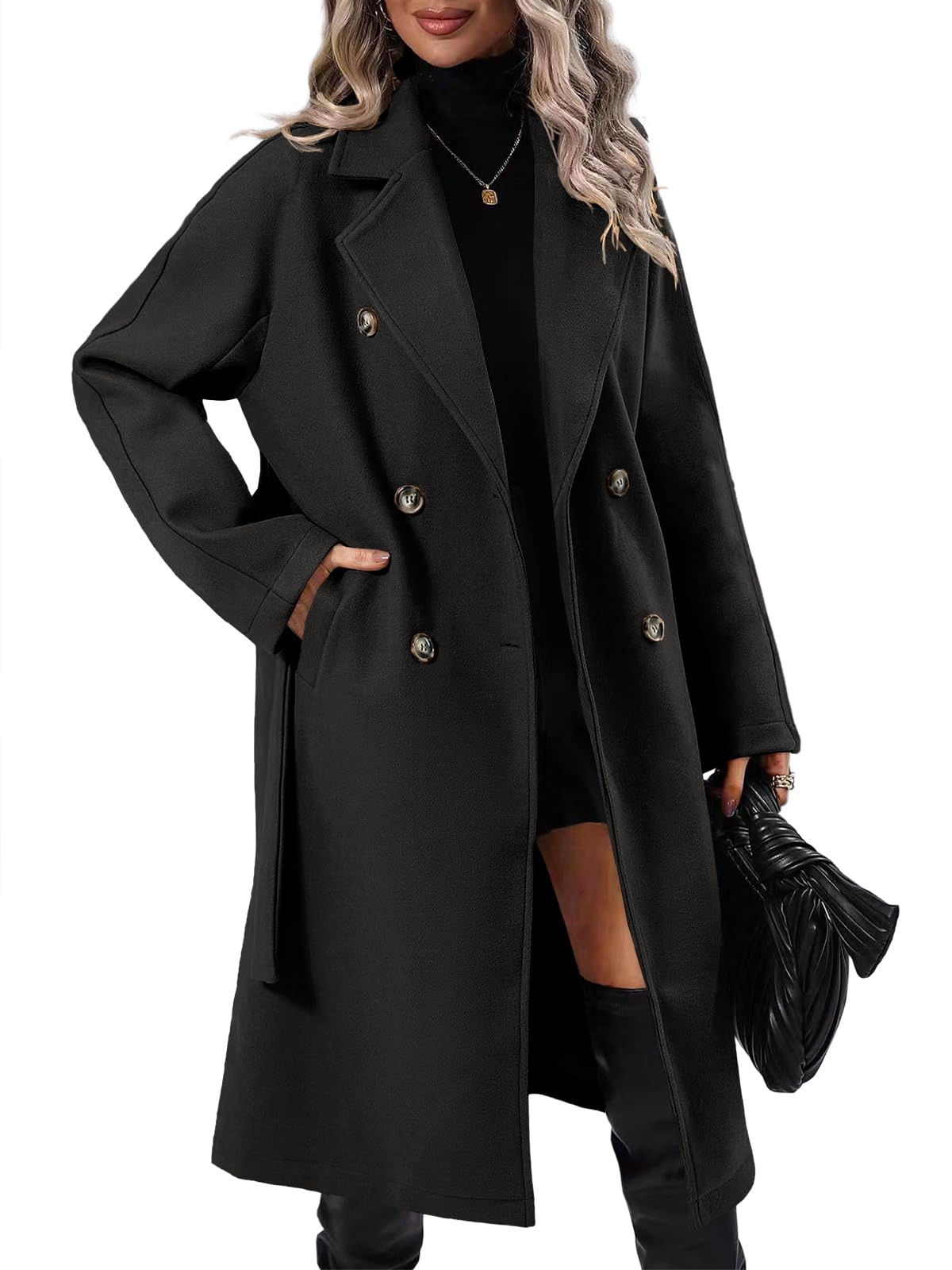 Danedvi Women Elegant Wool Pea Coat Lapel Collar Double Breasted Mid-Long Winter Overcoats with Belted Pockets
