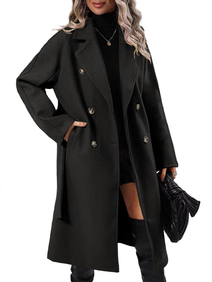 Danedvi Women Elegant Wool Pea Coat Lapel Collar Double Breasted Mid-Long Winter Overcoats with Belted Pockets
