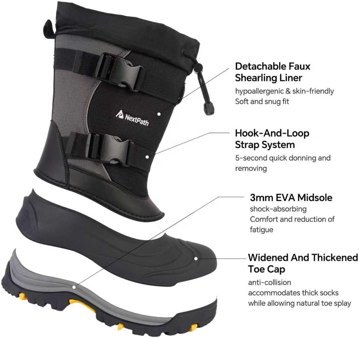 Men's Snow Boots 12/14 inch Snow Boots For Men Waterproof Insulated Mens Winter Work Boots with Removable Liner Black Winter Boots For Youth Boy