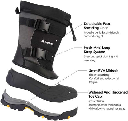 Men's Snow Boots 12/14 inch Snow Boots For Men Waterproof Insulated Mens Winter Work Boots with Removable Liner Black Winter Boots For Youth Boy