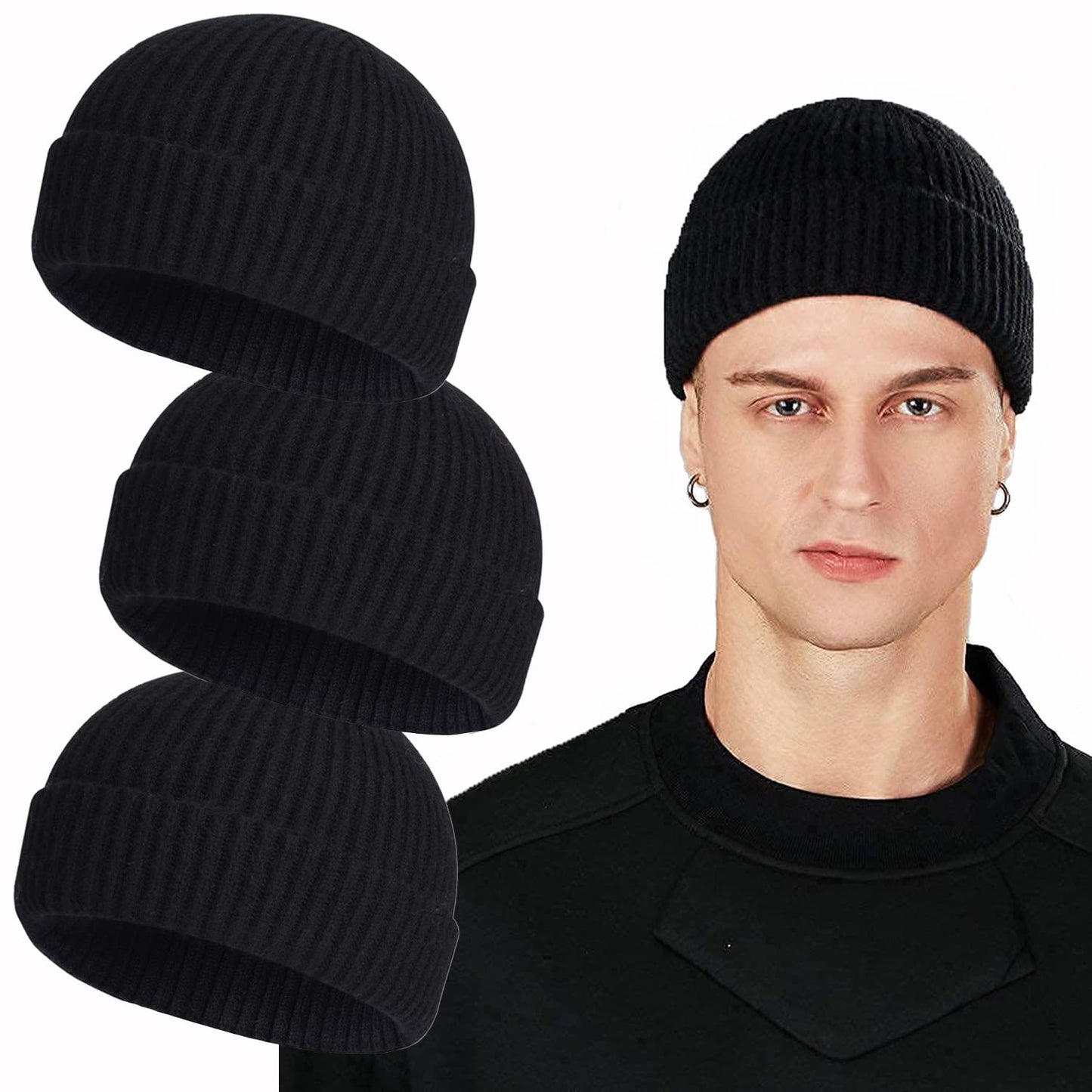 ROYBENS Swag Wool Knit Cuff Short Fisherman Beanie for Men Women, Winter Warm Hats