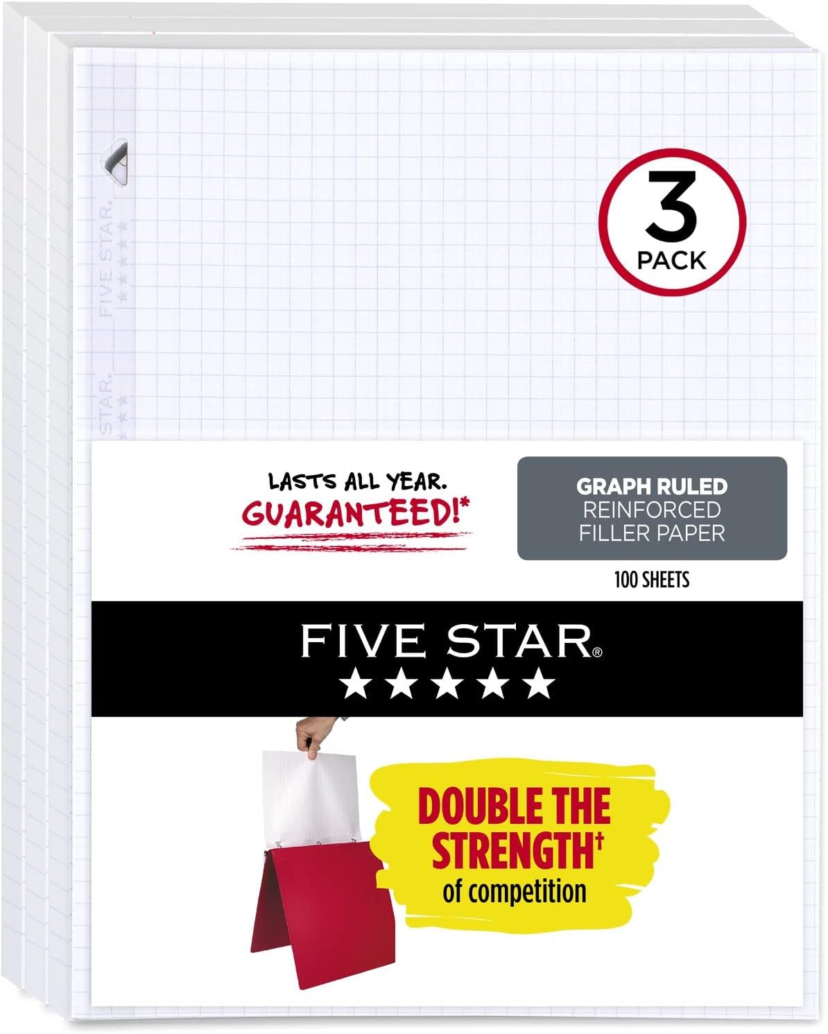 Five Star Loose Leaf Paper, Notebook Paper, Graph Paper, Reinforced Filler Paper, Fights Ink Bleed, 8.5 x 11, 100 Sheets/pack (3 count)
