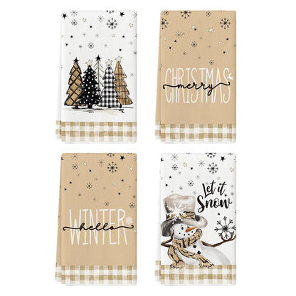 Artoid Mode Black White Buffalo Plaid Snowman Xmas Trees Christmas Kitchen Towels Dish Towels, 18x26 Inch Daily Winter Decoration Hand Towels Set of 4