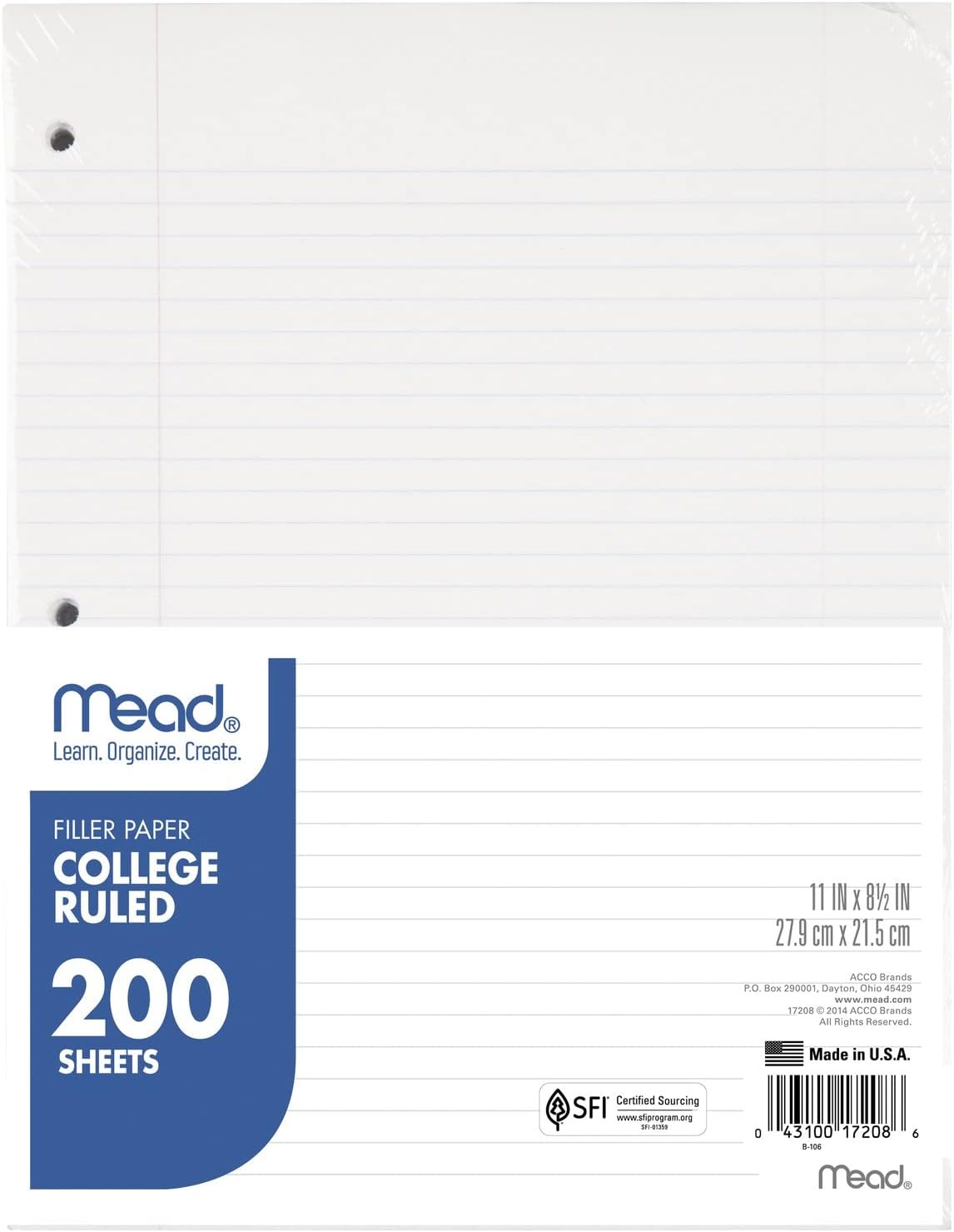 Mead Loose Leaf Paper, College Ruled Filler Notebook Paper, 8-1/2" x 11", 200 Sheets, Fits 3-Ring Binder (17208)