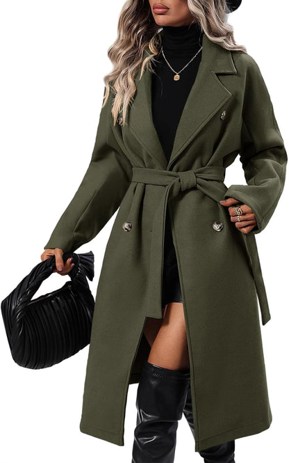 Danedvi Women Elegant Wool Pea Coat Lapel Collar Double Breasted Mid-Long Winter Overcoats with Belted Pockets