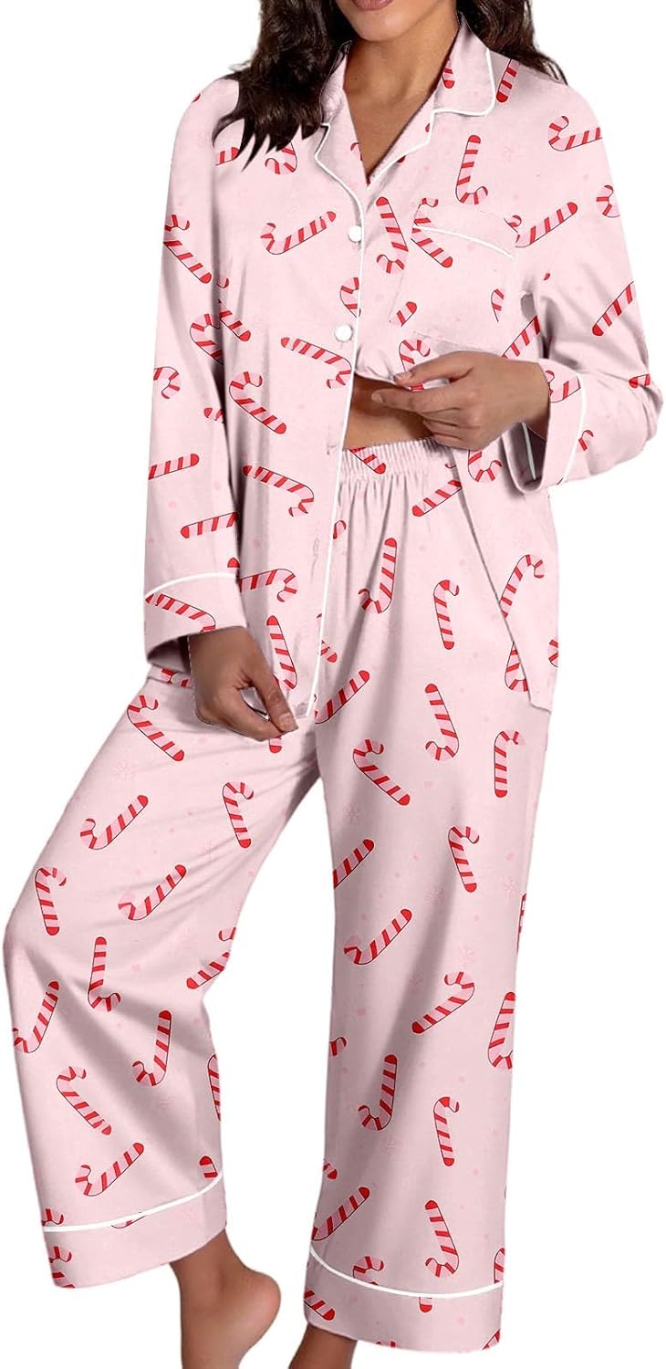Christmas Pajamas for Women,Button up Long Sleeve Pajama Set Casual Soft Cute Xmas Print Pjs Sleepwear 2025