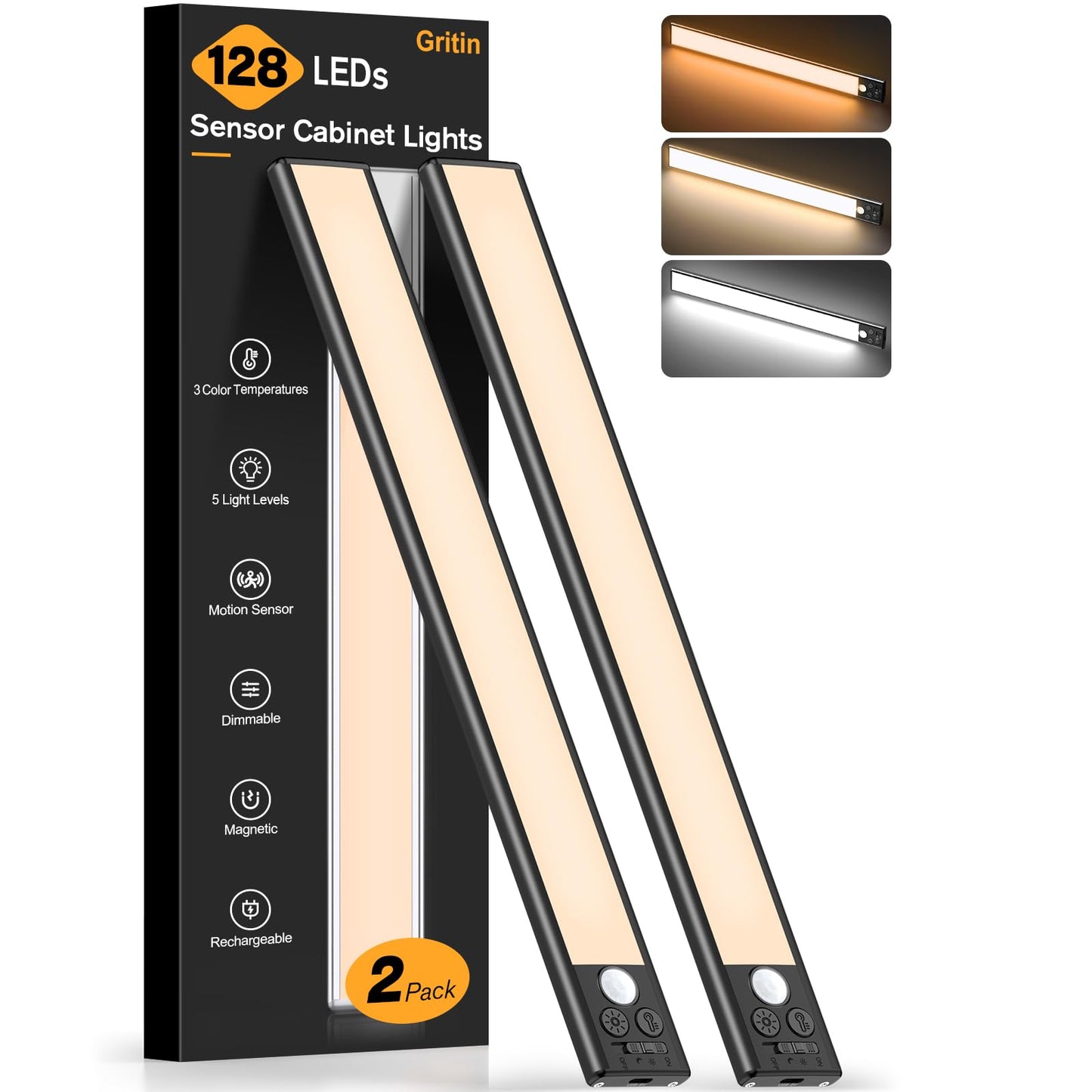 Gritin 10.2inch Under Cabinet Lighting Rechargeable -84 LED Super Bright,3-Color& 5 Level Brightness,4 Modes,Motion Sensor,Long Lasting- Easy Installation Magnetic Under Cabinet Closet Lights -2 Pack