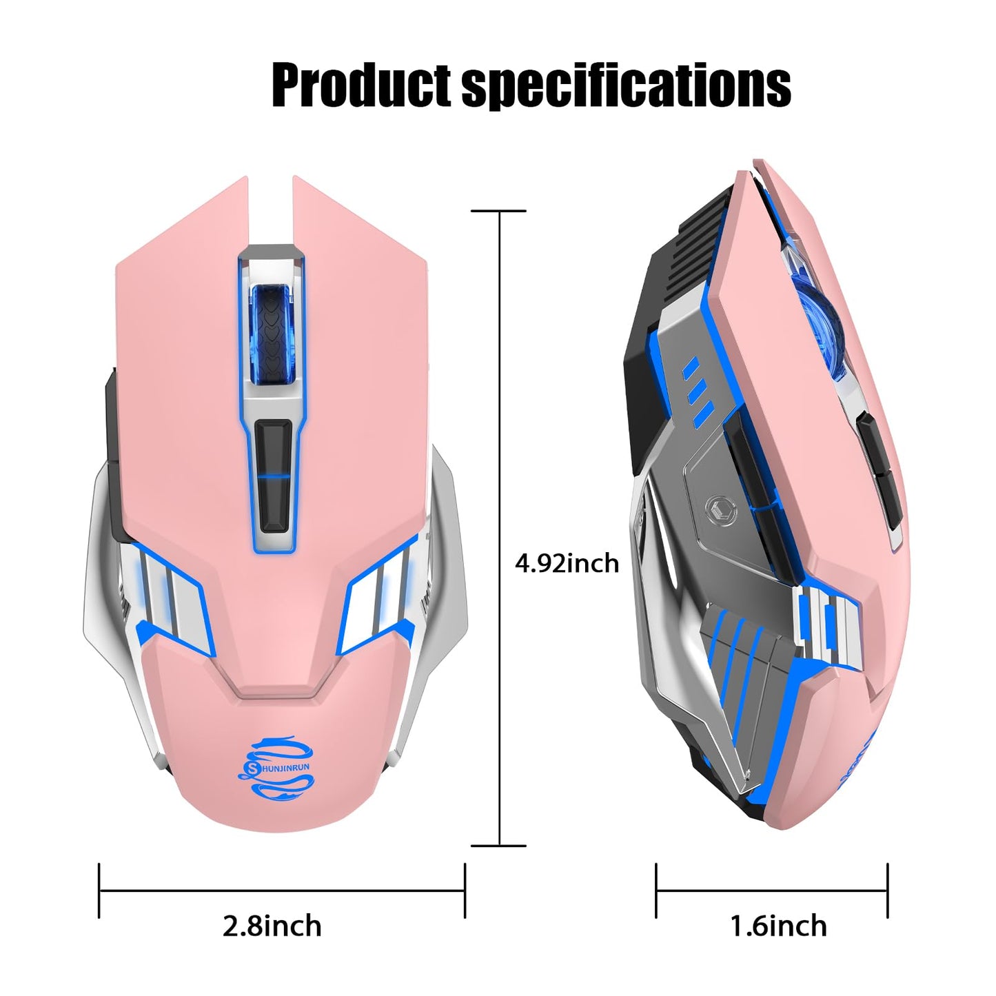Bluetooth Gaming Mouse, RGB Rechargeable USB Wireless Mouse, Quiet Click, LED Backlit, Ergonomic, with Side Button, 6 Button, DPI Adjustable, Computer Mice for Laptop PC MacBook Chromebook - Grey