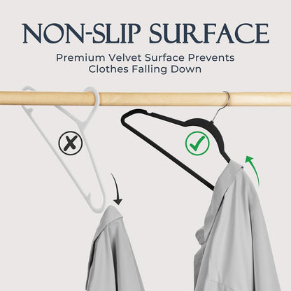 HOUSE DAY Black Velvet Hangers 60 Pack, Non Slip Clothes Felt Hanger Heavy Duty for Coat, Premium Slim Space Saving Suit Hangers for Closet Organizer, 360° Rotating Silver Hook