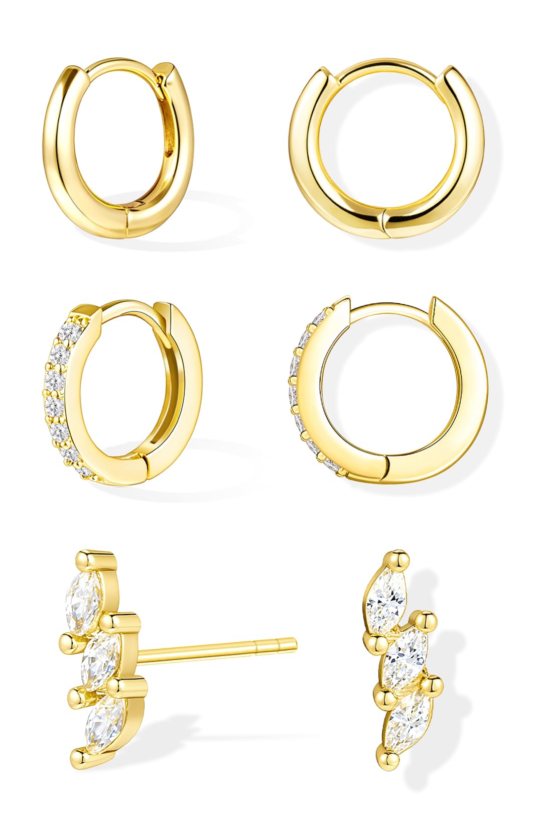 Inerney Gold Huggie Hoop Earrings Set for Women, Dainty Small Sterling Silver Earring Stacks Hypoallergenic Jewelry for Multiple Piercings, Trendy Twisted Cute Cartilage Hoops Birthstone Gift 3 Pairs