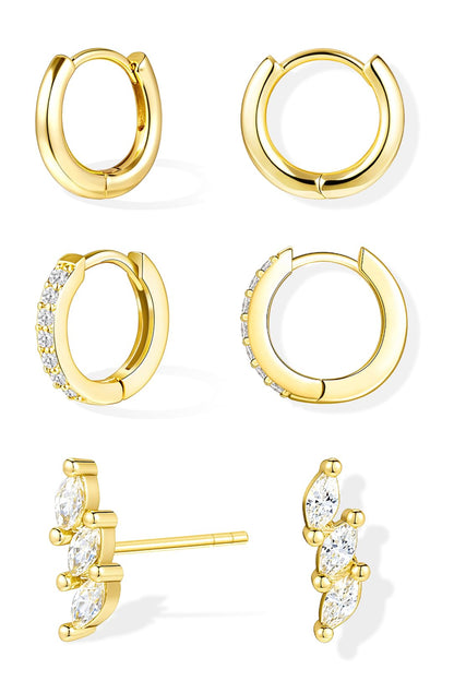 Inerney Gold Huggie Hoop Earrings Set for Women, Dainty Small Sterling Silver Earring Stacks Hypoallergenic Jewelry for Multiple Piercings, Trendy Twisted Cute Cartilage Hoops Birthstone Gift 3 Pairs