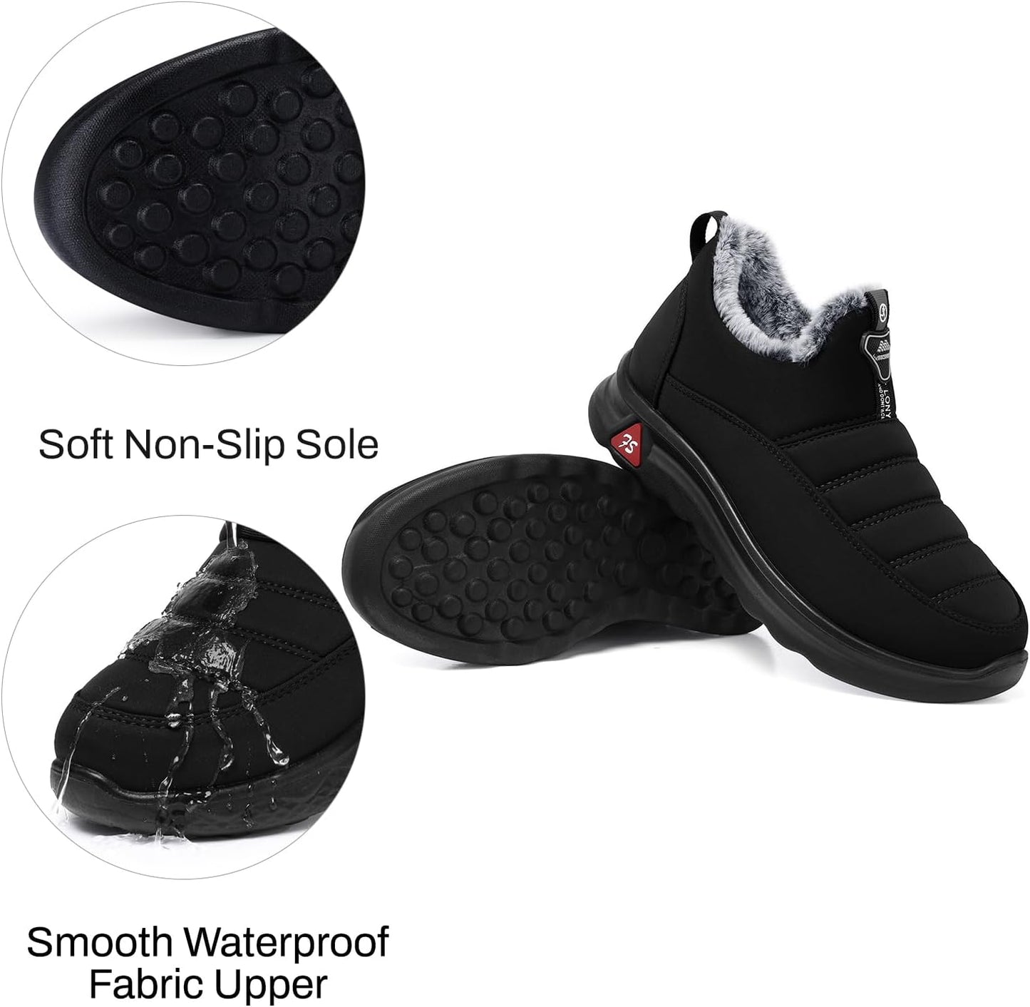 SHIBEVER Winter Boots for Women: Black Warm Fur Lined Slip on Ankle Snow Boots Comfortable Waterproof Outdoor Shoes Size