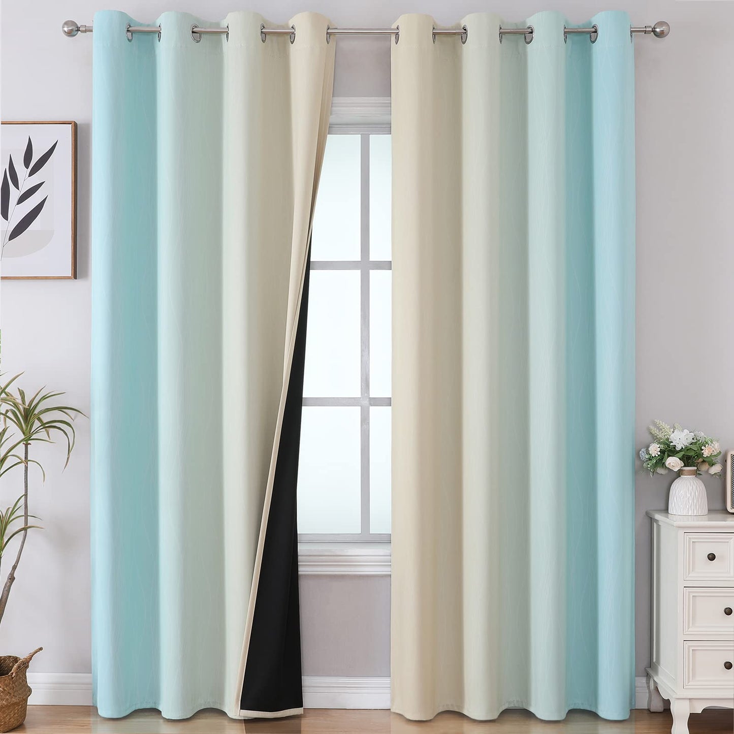 Estelar Textiler Beige and Greyish White Blackout Curtains for Living Room, Full Room Darkening Gradient Drapes for Bedroom, Thermal Insulated Ombre Grommet Curtains for Dining Room,52Wx84L,2 Panels