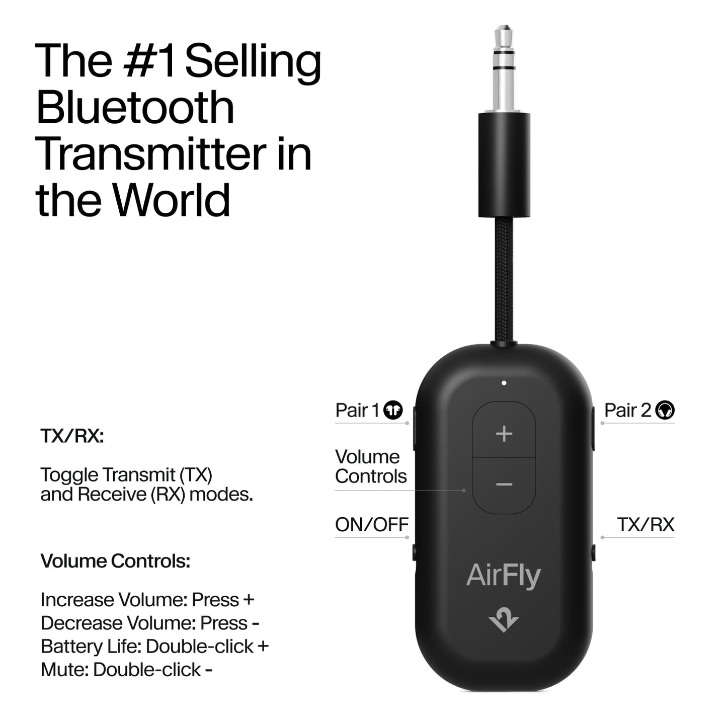 AirFly Pro 2 Deluxe – Bluetooth Adapter for Airplane, Pair 2 AirPods or Wireless Headphones – 3.5mm AUX Bluetooth Transmitter/Receiver for Cars, Boats, Treadmills, TVs – Airplane Travel Essentials
