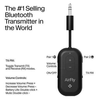 AirFly Pro 2 Deluxe – Bluetooth Adapter for Airplane, Pair 2 AirPods or Wireless Headphones – 3.5mm AUX Bluetooth Transmitter/Receiver for Cars, Boats, Treadmills, TVs – Airplane Travel Essentials