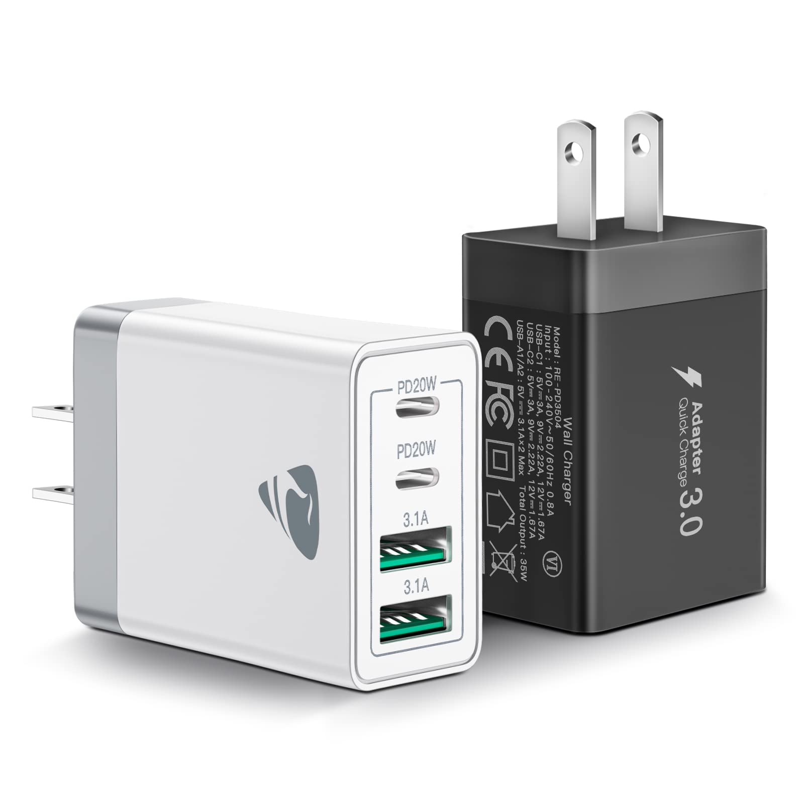 [2-Pack] USB C Wall Charger, 40W Fast USB C Charger Block, 4-Port PD Power Adapter + QC Wall Plug Multiport Type C Charging Block Cube Compatible with iPhone 16 15 14 13 12 11 Pro Max XR XS 8, Samsung