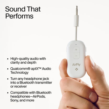 AirFly Pro 2 Deluxe – Bluetooth Adapter for Airplane, Pair 2 AirPods or Wireless Headphones – 3.5mm AUX Bluetooth Transmitter/Receiver for Cars, Boats, Treadmills, TVs – Airplane Travel Essentials