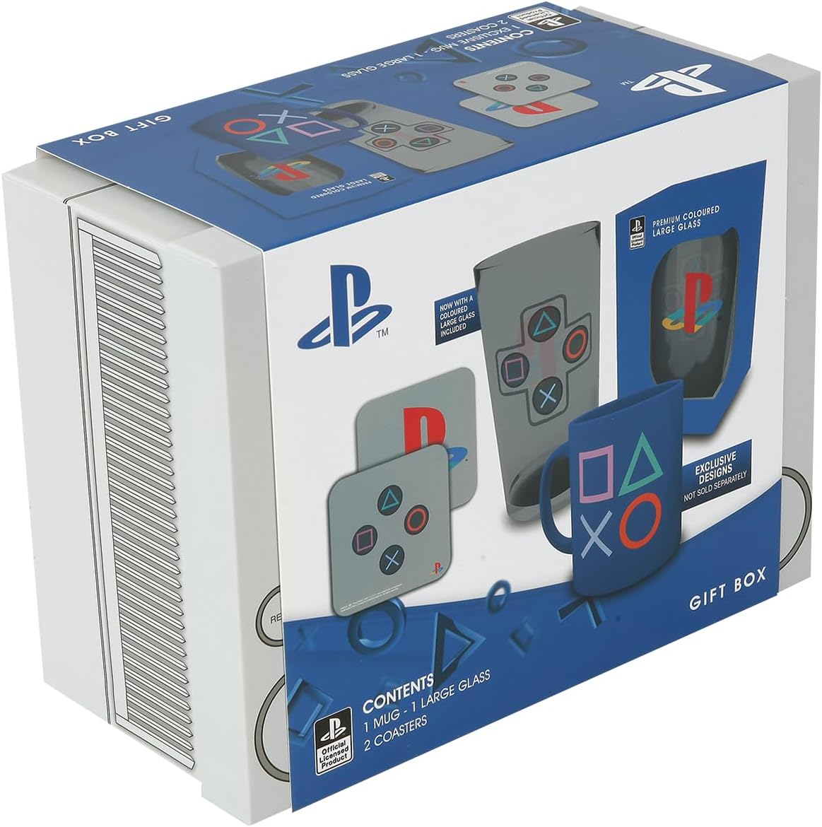 GB eye Playstation Premium Gift Set includes (1) Pint Glass, (1) Full Color Mug, (2) Coasters with Collectible Gift Box