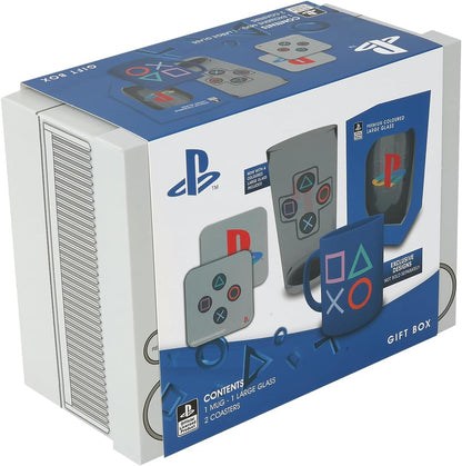 GB eye Playstation Premium Gift Set includes (1) Pint Glass, (1) Full Color Mug, (2) Coasters with Collectible Gift Box
