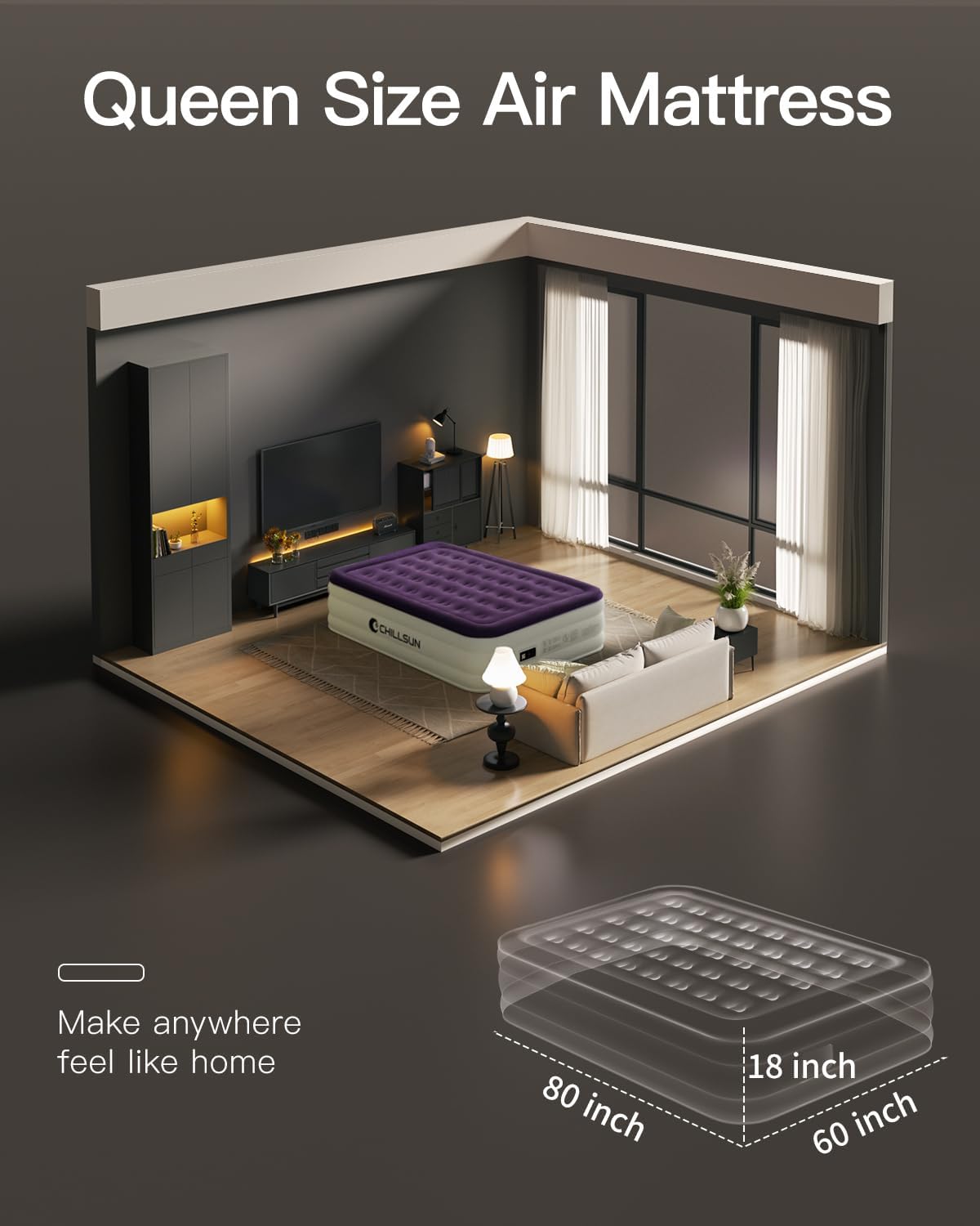 CHILLSUN Air Mattress Queen With Built in Pump - Upgraded Blow Up Bed,2 Mins Quick Self Inflatable and Deflate, 18"/650lbs Max, Strong Support, Flocked Top, Puncture Resistant, for Camping,Home,Guests