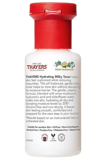 Thayers Milky Hydrating Face Toner with Snow Mushroom, Hyaluronic Acid and Elderflower, Dermatologist Recommended Gentle Alcohol Free Facial Skincare for Dry and Sensitive Skin, Paraben Free, 3 FL oz