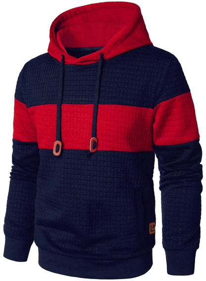 Men’s Sweatshirts Long Sleeve Pullover Patchwork Plaid Jacquard Hoodie Casual Drawstring Hoody Top