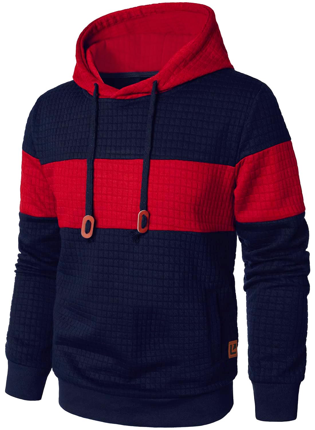 Men’s Sweatshirts Long Sleeve Pullover Patchwork Plaid Jacquard Hoodie Casual Drawstring Hoody Top