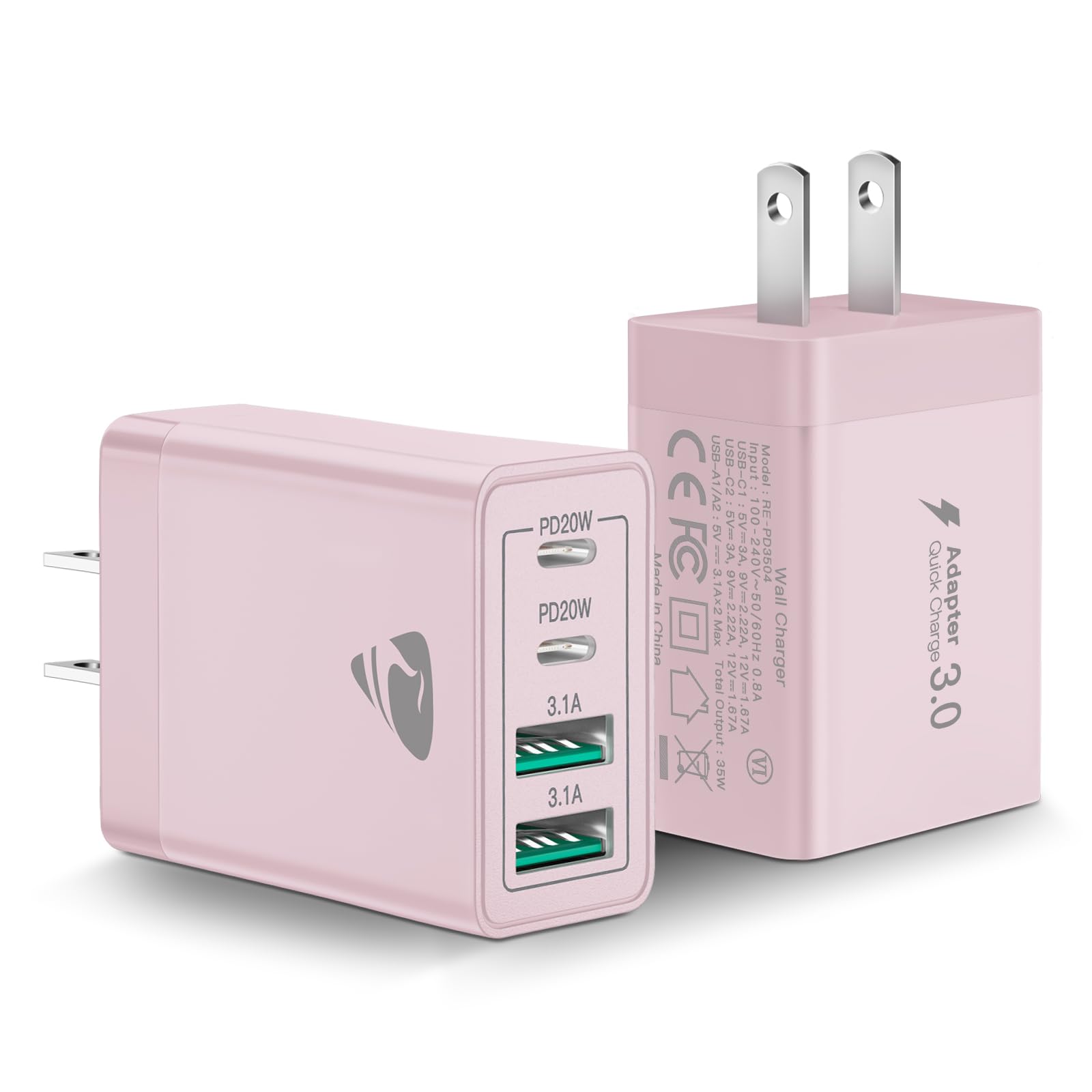 [2-Pack] USB C Wall Charger, 40W Fast USB C Charger Block, 4-Port PD Power Adapter + QC Wall Plug Multiport Type C Charging Block Cube Compatible with iPhone 16 15 14 13 12 11 Pro Max XR XS 8, Samsung