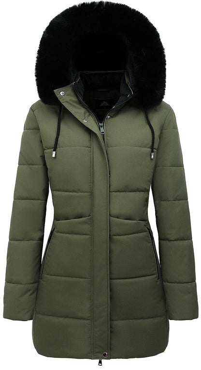 MOERDENG Women's Winter Puffer Coat Thicken Fleece Lined Down Jacket Waterproof Faux Fur Detachable Hooded Parka