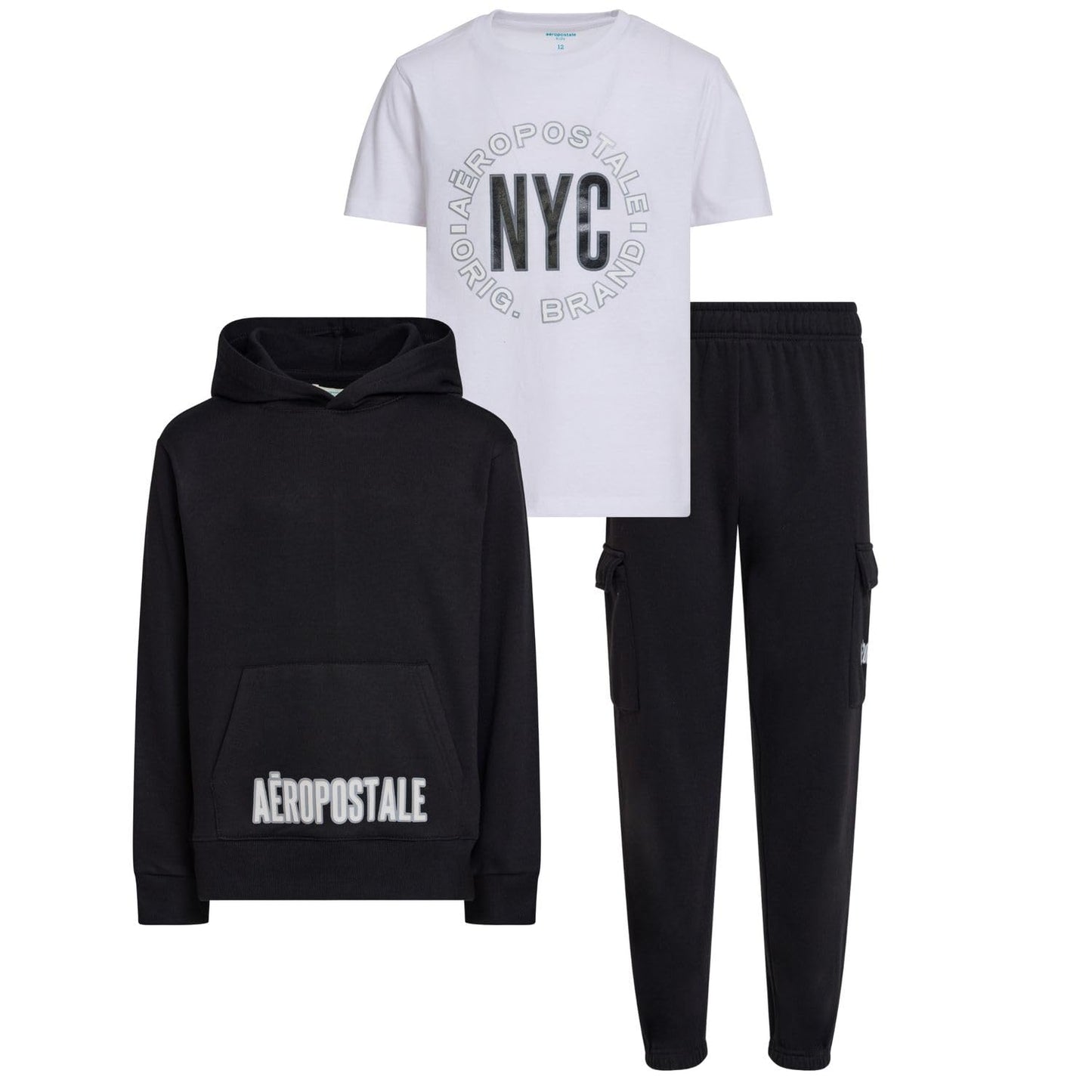 AEROPOSTALE Boys 3 Piece Outfit Set - Fleece Pullover Hoodie, Cargo Sweatpants, T-Shirt, Boys Activewear Set, Sizes 4-12