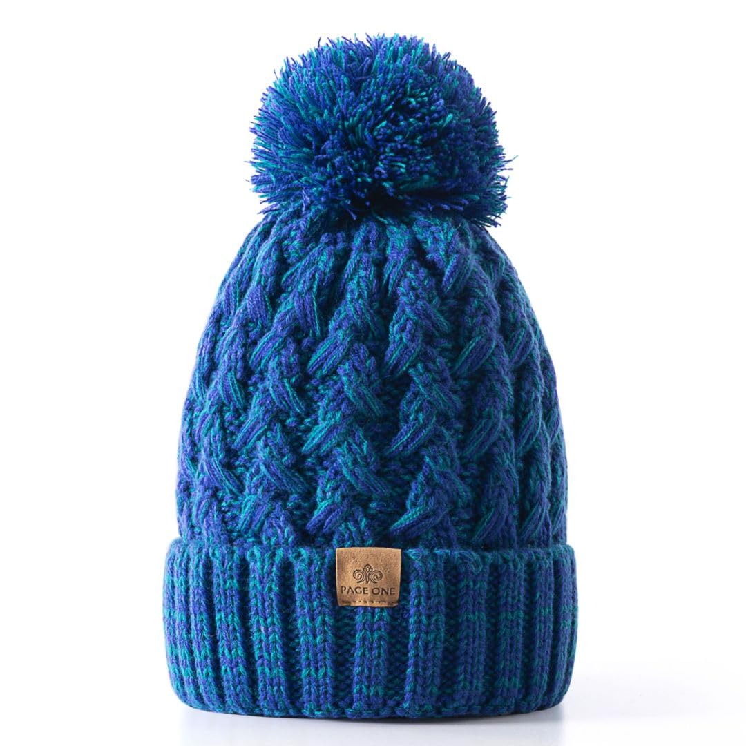 PAGE ONE Womens Winter Ribbed Beanie Crossed Cap Chunky Cable Knit Pompom Soft Warm Hat