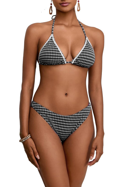 Women Sexy String 2 Piece Bikini Set Cheeky Halter Plaid Swimsuits