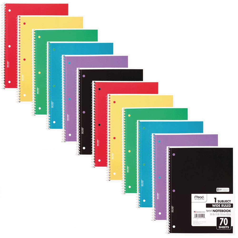 Mead Spiral Notebooks, 24 Pack, 1 Subject, Wide Ruled Paper, 7-1/2" x 10-1/2", 70 Sheets per Notebook, Color Will Vary (05510)