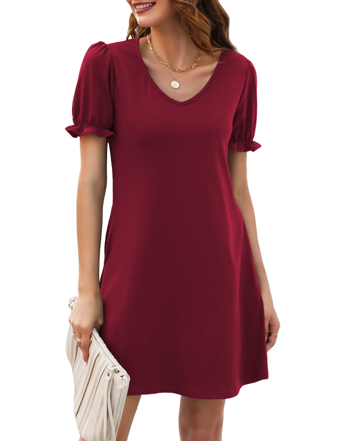 Halife Womens Summer Dresses Casual Puff Short Sleeve V-Neck T Shirt Dress with Pockets