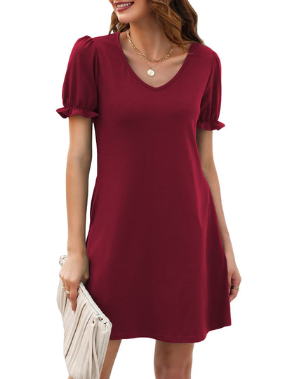 Halife Womens Summer Dresses Casual Puff Short Sleeve V-Neck T Shirt Dress with Pockets