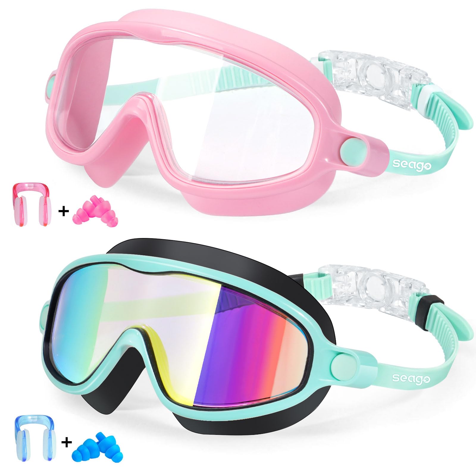 Seago Swim Goggles 2 Pack Anti-Fog Anti-UV Wide View Swimming Goggles for Kids 3-14