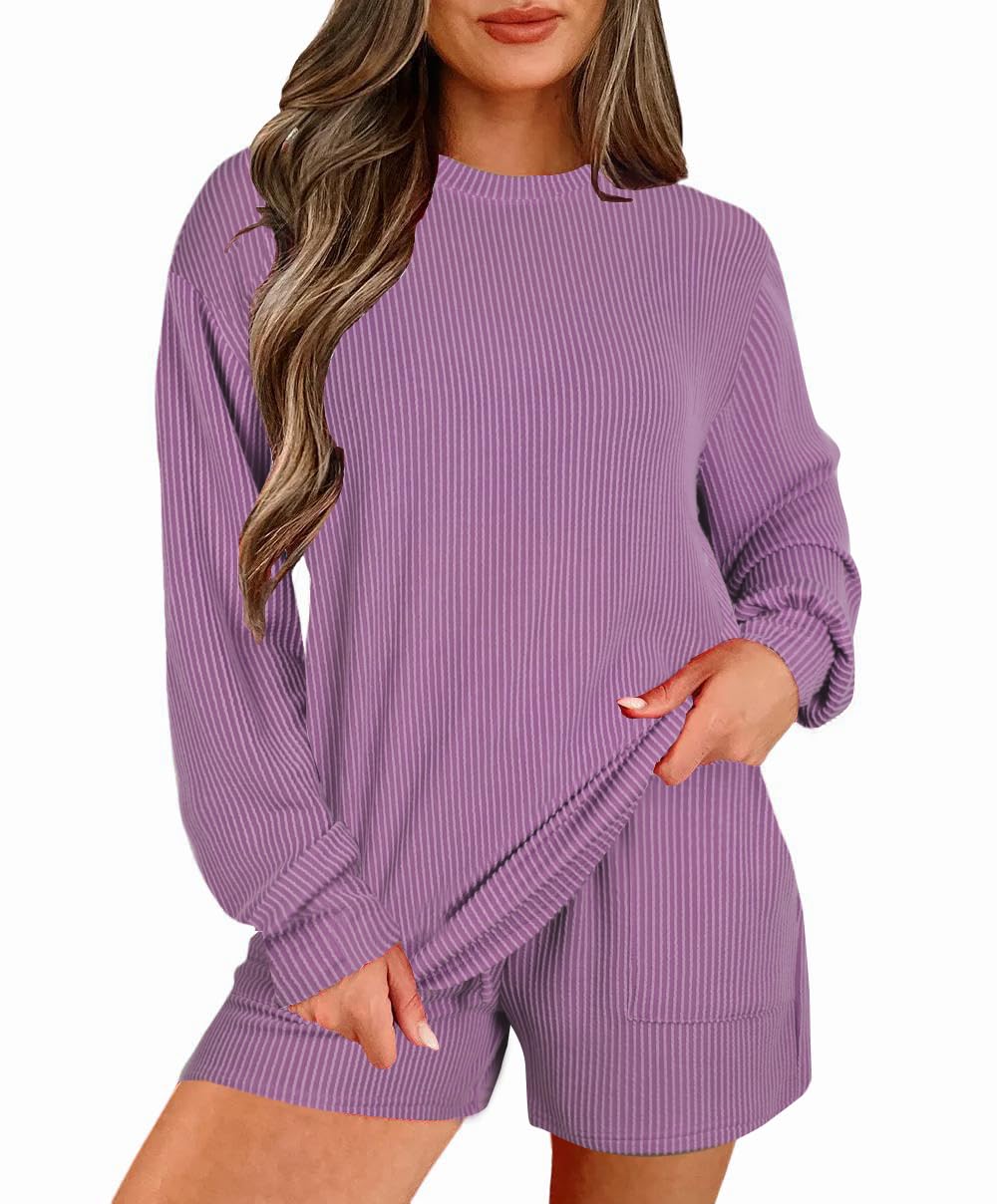 Womens Ribbed Pajama Sets Long Sleeve Top and Shorts Matching Lounge Set Loungewear Sweatsuit with Pockets