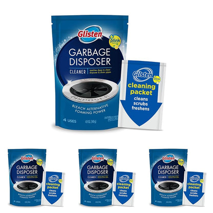 Glisten Garbage Disposer Cleaner and Freshener, Sink Disposal Odor Eliminator with Foaming Action, Lemon Scent, Made in the USA, 4 Packets