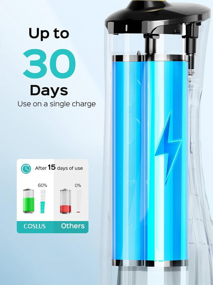 COSLUS Cordless Water Flosser & Dental Pick for Teeth, Braces, Gums Care - Advanced 10 Pressure Settings for Multiple Users, Rechargeable, Portable for Travel, BPA-Free, Black, E40(WFP14)