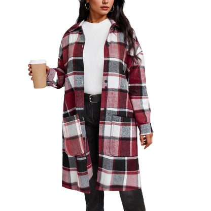 Women's Plaid Wool Coat Long Winter Lapel Peacoat Button Up Warm Overcoats Trendy Comfy Outerwear Casual Jackets